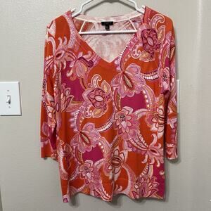 Talbots women’s Paisley Knit Top Sz Medium Petite Pink Soft 3/4 Sleeve